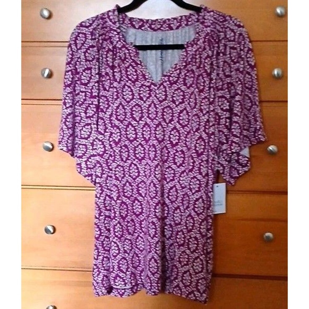 NWT Croft & Barrow Womens 2X Floral V-Neck Short Sleeve Knit Blouse Top Purple